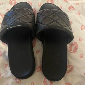 Black Quilted Slide Sandals